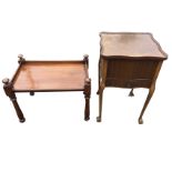A square tray-top mahogany serpentine shaped sewing table with lined interior, the box with hinged