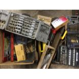 Miscellaneous cased drill & socket sets, boxes of drill bits, cased router bits, saws, braces,