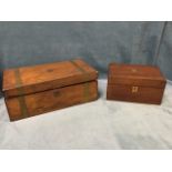 A nineteenth century walnut writing box with brass banding having fitted interior; and a Victorian