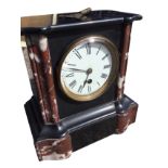 A Victorian marble & polished slate mantle clock, the architectural style case having enamelled dial