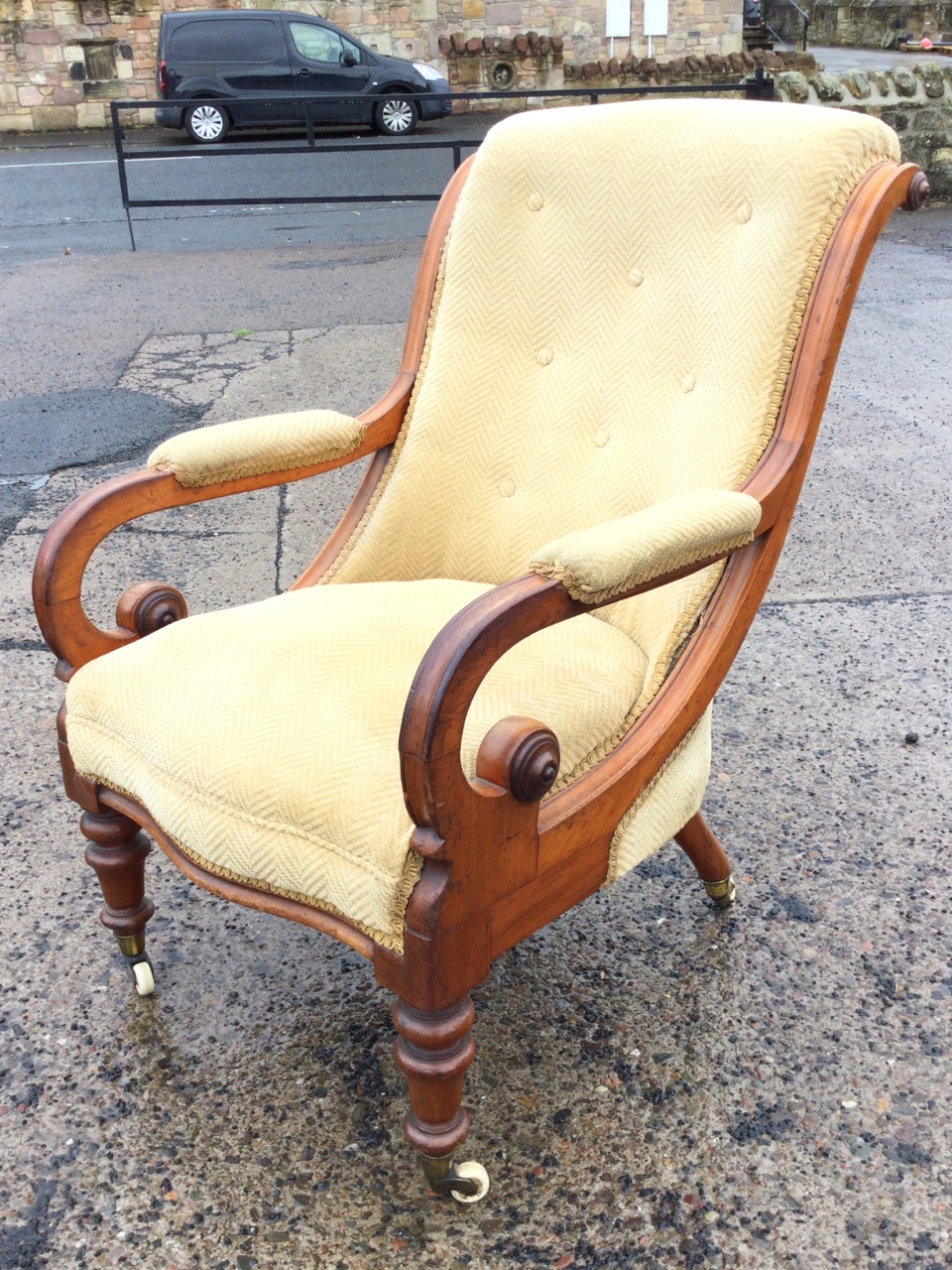 A Victorian mahogany armchair with button upholstered back in moulded frame, the arms with padded - Image 3 of 3