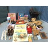 Miscellaneous childrens toys, old jigsaws, a wood chess set, books, a German Porcelain headed red