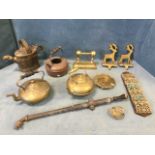 Miscellaneous brass & copper including kettles, a watering can, a pump, a pair of stylised stag