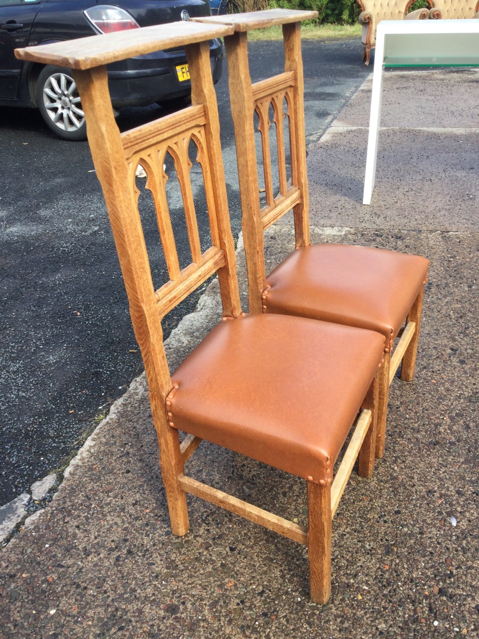 A pair of high-back oak prie-dieu chairs with chiselled platform back rails above gothic fretwork - Image 3 of 3