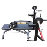 A Body Max fitness weights bench with full set of weights on stand, the folding hinged seat complete