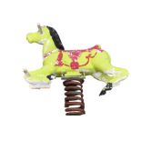 A playground type horse with footbar and handlebars, mounted on iron spring. (30in x 34.5in)