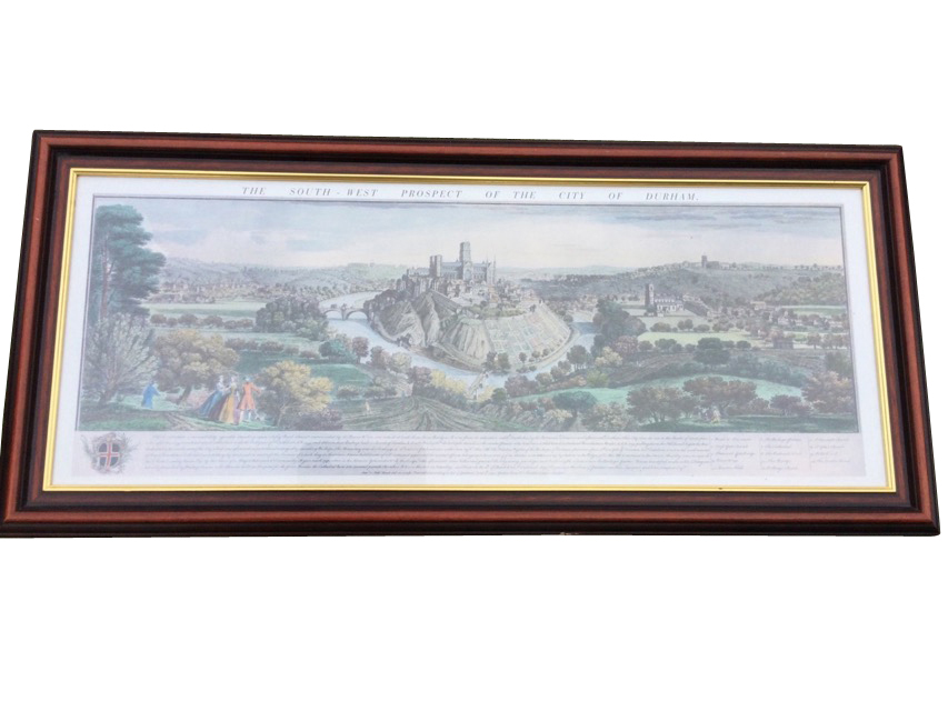 A reproduction landscape print, The South West Prospect of the City of Durham, the coloured plate