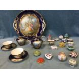 A continental porcelain cabaret tea-for-two set decorated with gilt framed floral and Fragonard