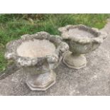 A pair of leaf moulded composition stone garden urns, the circular bowls on fluted supports above