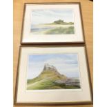 Lithograph landscape prints, a pair, Lindisfarne and Bamburgh, signed on pencil on margin, mounted &