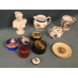 Six miscellaneous trinket boxes - Royal Stafford, wood, lacquered, etc; and miscellaneous ceramics