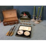 Miscellaneous items including locking suitcase, a handpainted hunting stationary rack, a horn