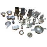Miscellaneous pewter & silver plate including pairs of pheasant table decorations, cruets, a folding