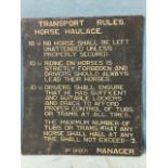 An old Horse Haulage sign, the sign-written rules and instructions on black board. (26.25in x 29.