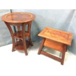 An arts & crafts style mahogany box stool decorated with celtic carved panels, supported on dowel