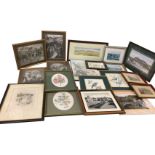 A box of framed pictures & prints - a signed Helen Stuart Cheviot landscape, woolwork tapestries,