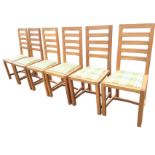 A set of six oak handmade ladderback dining chairs with tartan upholstered drop-in upholstered seats