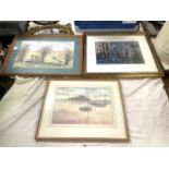 Watercolour, estuary scene with boats tied up, and castle in distance above bridge, signed