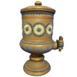 A nineteenth century Doulton Lambeth stoneware urn & cover moulded with tap, raised on socle, with