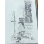 Paul Hogarth, pencil, pen & ink, New York Chinatown street scene, signed, laid down & framed. (16.