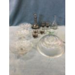 Miscellaneous glass including a fluted lampshade, a smoked glass decanter & glasses set, a pair of