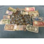 A box of coins and paper money - mainly foreign, but some GB, 14 miscellaneous notes, copper &