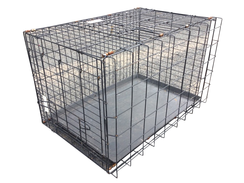 A rectangular folding metal dog crate with plastic inner tray. (36in x 24.5in x 22.5in)