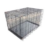 A rectangular folding metal dog crate with plastic inner tray. (36in x 24.5in x 22.5in)