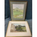 Jean M Pinkard, watercolour, hill landscape titled Crookedshaws, signed, mounted & framed; and