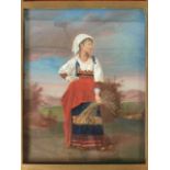 Oil on board, continental school, pheasant woman with flowers standing in water landscape, unsigned,