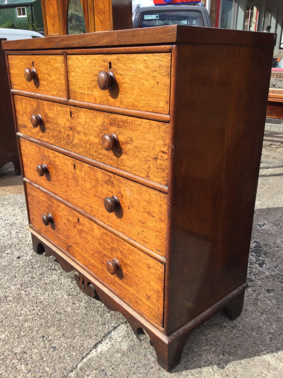 A nineteenth century oak chest of drawers with two short and three long graduated drawers mounted - Image 3 of 3