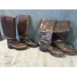 Two pairs of German wartime leather jack boots, the officers with calf straps and toecaps, the ranks