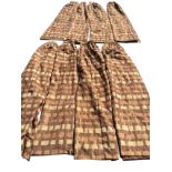 Four pairs of lined mohair style curtains, the thick material woven in a chequered gold & brown