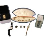 A cased Nivada gold plated ladies watch set with seven alternate casings to circular dial, including