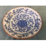 An eighteenth century delft plate decorated central wheatear circular panel framed by two borders of