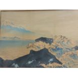 Edwardian Japanese school, coloured print of waves beneath mountain, signed in ink with characters
