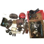 Two boxes of miscellaneous collectors items including a cased pair of French binoculars, a horn,