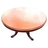 A circular Victorian mahogany breakfast table with moulded top above a plain frieze, turning on a