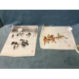 Japanese watercolours on rice paper, study of saddled horses in moonlight, signed & with chomp stamp