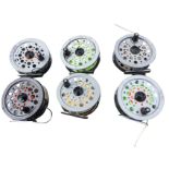 A set of six Beaulite Shakespeare 4.25in salmon fly reels with a selection of different lines -