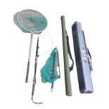 A circular landing net by Sharpes of Aberdeen; a folding German telescopic landing net; two salmon