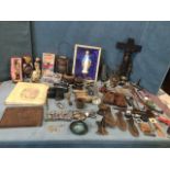 Two boxes of miscellaneous collectors items including dolls, a hurricane lamp, shoe lasts, a