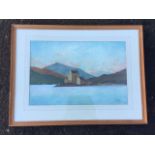 Wm Hall, watercolour, Scottish loch landscape, label to verso - Eilean Donnan Castle from Loch