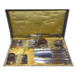 A cased canteen of German silver plated cutlery, Bader 90 with six settings, the box also containing