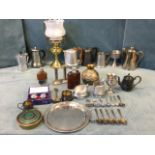 Miscellaneous metalware - flasks, pewter, a pair of candlesticks, silver plate, coffee pots, a repro