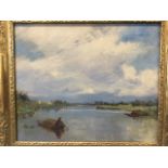 Nineteenth century oil on canvas, extensive river landscape with native figure paddling a canoe,