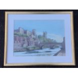 W Stewart, watercolour bridge over the river Wear at Durham with the cathedral in background, signed