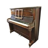 A stained upright piano with William Cole of Sheffield with brass retailers plaque, the overstrung