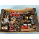 A box of Mamod model steam engine bits & pieces including boilers, wheels, chassis, funnels,