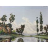Marcel Abougit, oil on canvas, French river landscape, inscribed to verso Les bords du Tage 1952,